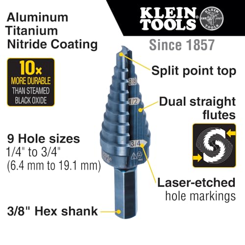 Klein Tools KTSB03 Step Drill Bit Double Fluted #3, 1/4 to 3/4-Inch with Easy-to-Read Markings and Targets, 3/8-Inch Hex Shank - size: 1/4 to 3/4-Inch, style: Standard