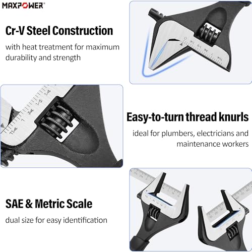MAXPOWER 8-inch Wide Jaw Adjustable Wrench, 1.6" Jaw Opening, Soft Grips - size: 8-inch