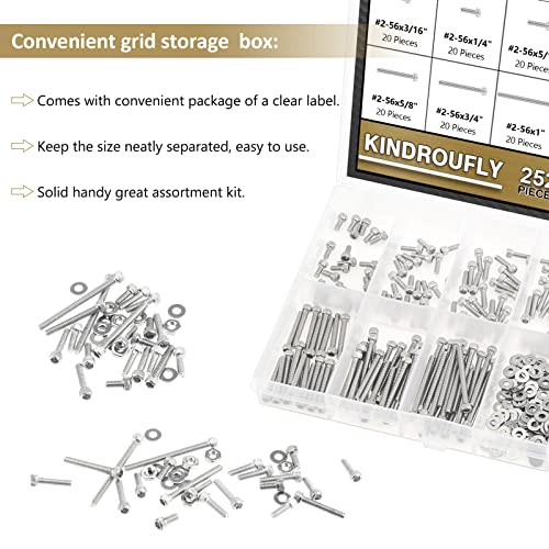 252 Pieces #2-56 x 3/16", 1/4", 5/16", 3/8", 1/2", 5/8", 3/4", 1", Hex Socket Head Cap Screws Nuts Washers Assortment Kit, 304 Stainless Steel, Fully Machine Thread - size: #2-56, style: Socket Head