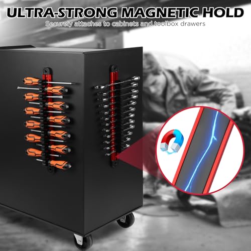2-Piece Magnetic Screwdriver Organizer and Wrench Organizer, 28-Slot Screwdriver and Wrench Holder, Magnetic Aluminum Rail Tool Organizer for Tool Box Drawer Wall-Mount Storage,Red(Tools not Included) - style: 2-Pack Red (28-Slot)