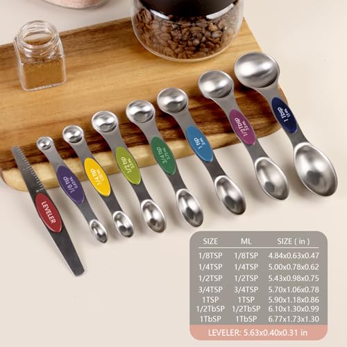 ChefAide Set of 8 Magnetic Measuring Spoons, Stainless Steel, Dual Sided - color: Multicolor, size: Magnetic Measuring Spoons