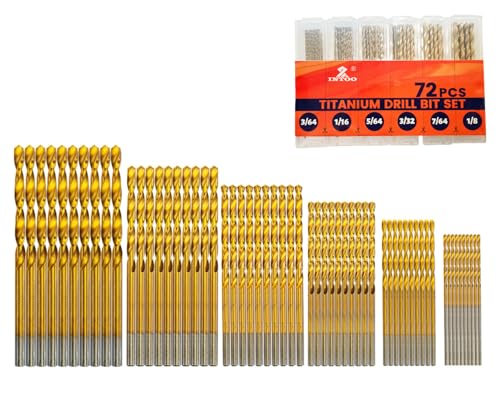 INTOO Mini Drill Bit Set 60 Pcs+12 Pcs Free High Speed Steel HSS Titanium Micro Drill Bits 3/64"-1/8" Metal,Plastic,Wood, Small Drill Bit