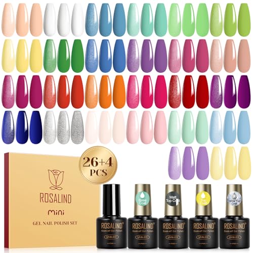 ROSALIND 30PCS Pastel Gel Nail Polish Set,26 Bright Colors Gel Polish | with Base Gel Top Coat (Glossy Matte and Glitter),Pastel Summer Nail Gel Polish, Soak Off U V Manicure Rainbow for Women - color: Neon bright colors