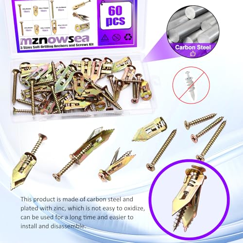 60 Pcs Self Drilling Drywall Anchors Kit, 3 Sizes, No Drill, Holds Up to 50 lbs, for Gypsum Wallboard, Drywall, Wall Lights, Picture Frames, Curtains, Clocks