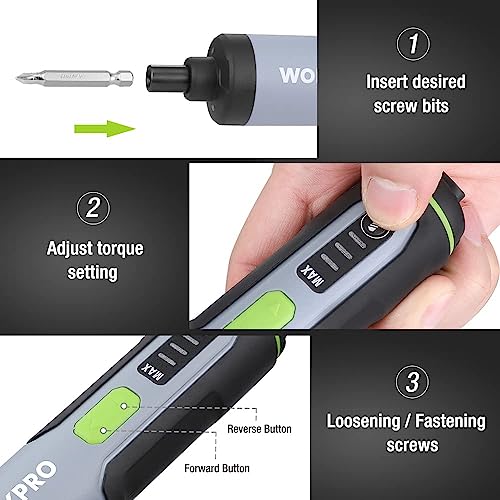 WORKPRO 4V Electric Screwdriver, Rechargeable Cordless Screwdriver Set with 35 Bits, Extension Rod, USB Charging Cable in Carrying Case, LED Light, Black Gray