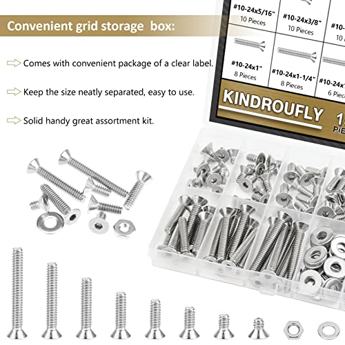 152 Pieces #10-24 x 5/16", 3/8", 1/2", 5/8", 3/4", 1", 1-1/4", 1-1/2", Countersunk Head Socket Cap Screws Nuts Washers Assortment Kit, 304 Stainless Steel, Fully Machine Thread - size: #10-24, style: Countersunk Head