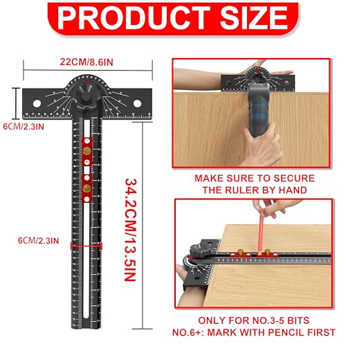 Woodworking T Square Ruler, 13.5 Inch Adjustable Angle 15-165° Measurement Tool, Aluminum Alloy, Precision Drilling Positioning Guide for Carpentry, Drafting, Contractor, Scribe Crafting, Drywall - color: 13.5in black