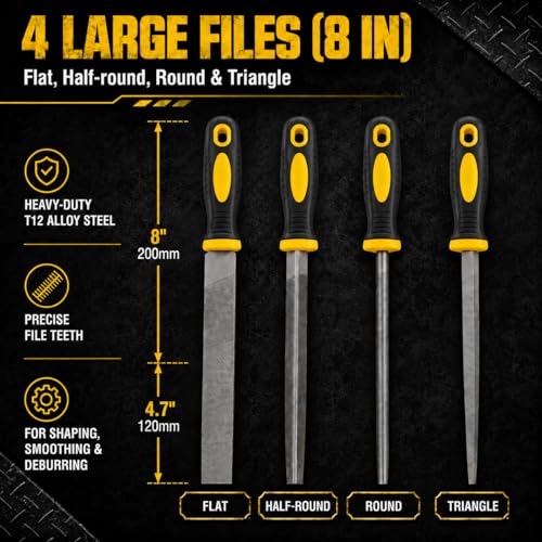 warmtree 28Pcs Metal File Set, Heavy Duty T12 Drop Forged Alloy Steel Files, Includes 4 Large Files, 6 Steel & 6 Diamond Needle File Set, 8 Sandpapers, Brush & Gloves, Metal Files for Wood, DIY