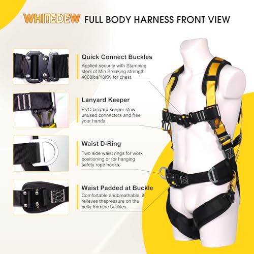 Fall Protection Premium Safety Harness with Shock Absorbing Lanyard, Vented & Padded Shoulder, Legs & Back - Upgrade 4 Quick Buckles (Yellow) - color: Yellow