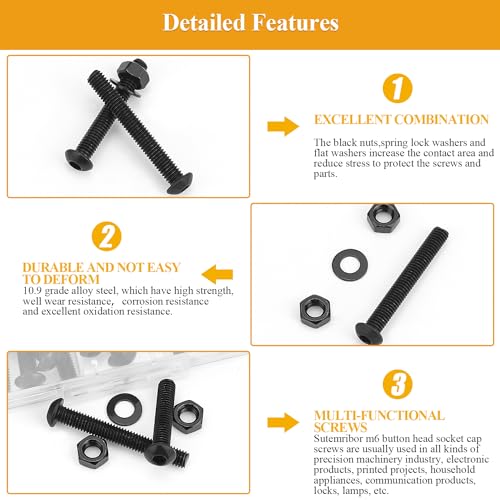 M6 Screws, Nuts & Washers Set - 65 Pieces, 30/35/40/45/50mm, Black, 10.9 Grade Alloy Steel, Fully Threaded - size: M6 Long Screws Kit, style: Button Head