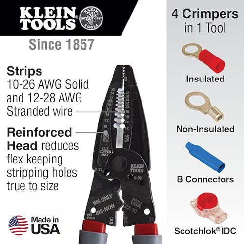 Klein Tools 1019 Klein Kurve Wire Stripper / Crimper / Cutter, Made in USA, Cutting / Crimping / Stripping Tool for B and IDC Connectors, Terminals, More