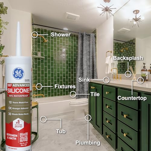 GE Advanced Silicone Caulk for Kitchen & Bathroom, Clear, 10 fl oz Cartridge, 1 Pack - 100% Waterproof Silicone Sealant, 5X Stronger Adhesion, Shrink & Crack Proof - size: Pack of 1, style: Clear