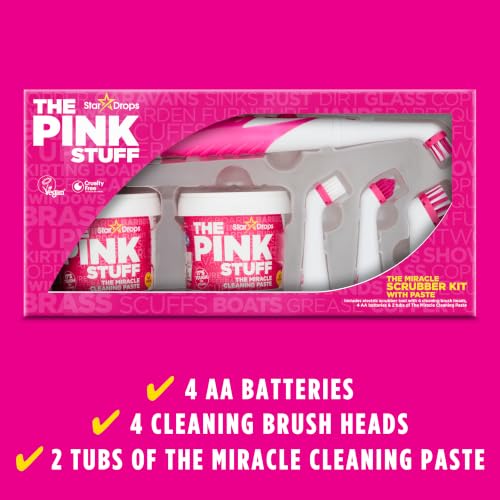Stardrops - The Pink Stuff - The Miracle Scrubber Kit - 2 Tubs of The Miracle Cleaning Paste With Electric Scrubber Tool and 4 Cleaning Brush Heads, 6 Piece Set