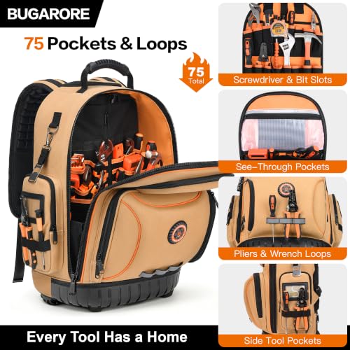 Rolling Tool Backpack with Wheels, 16" Heavy Duty Tool Bag with Molded Base - color: Brown