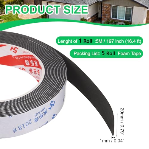 PATIKIL 5Roll Sponge Rubber Foam Tape, 25/32" W x 1/32" t x 16.4ft l Self-Adhesive Foam Insulation Tape Weather Stripping for Window Door Soundproofing Weatherstrip AC Seal Strip, Black - size: 25/32" x 1/32" x 16.4ft