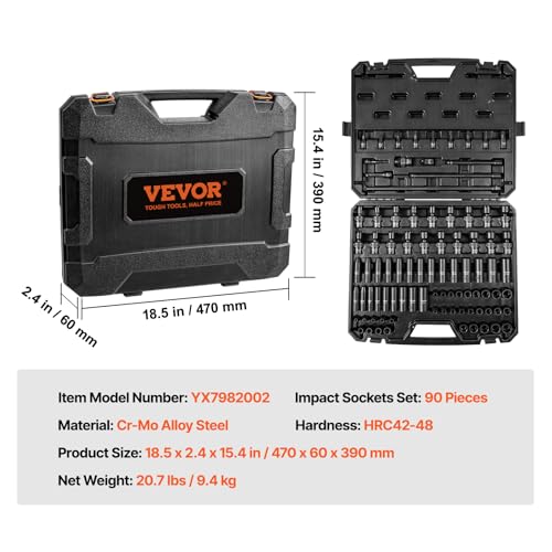 VEVOR Impact Socket Set 3/8" Drive, 90 PCS, CR-MO, SAE 1/4"-3/4" Metric 6-19mm, with Shallow & Deep Sockets, Swivel & E-Torx & Bit socket Sockets, Extension Bars, Adapters, Universal Joint - size: 3/8" 90 PCS CR-MO