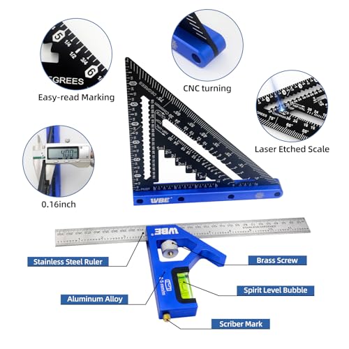 7inch Rafter Square and 12inch Combination Square Set -CNC-Machined Aluminum Alloy,Heavy Duty Carpenter Square for Woodworking and Home DIY - size: square set