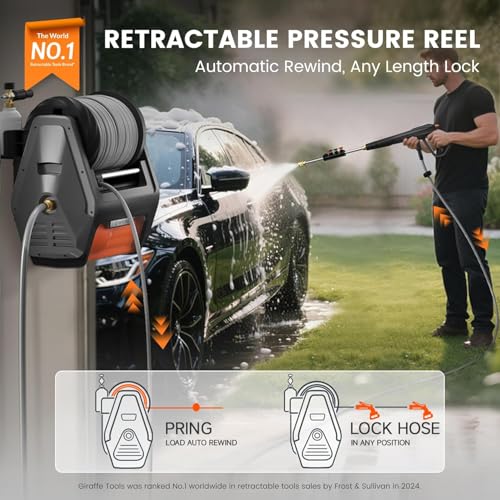 Giraffe Tools Grandfalls Retractable Wall Mounted Pressure Washer Pro, 3700 PSI, 1.6 GPM Electric Power Washer, Automatic Rewind, 5ft Garden Hoses, 5 Nozzles for Cars/Fences/Patios, Dark Silver - color: Dark Silver, size: 5ft