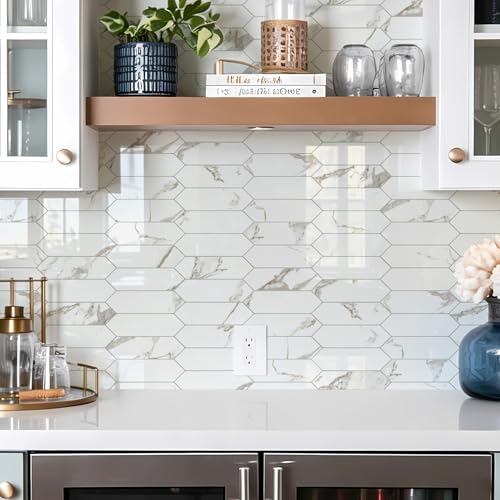 Vamos Tile Glossy White Marble with Gold Veining Backsplash Tile Peel and Stick, 12.8 x 12.8 Inch 10 Sheets Long Hexagon PVC Self Adhesive Mosaic Tiles Stick on Backsplash for Kitchen and Bathroom - color: White Marble with Gold Veining
