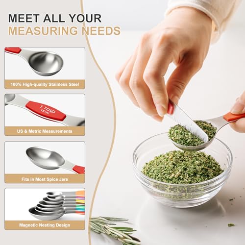 Stainless Steel Measuring Cups & Spoons Set, EWFEN Kitchen Tools Nesting Measuring Cups and Spoons, Fits in Spice Jars for Baking & Cooking, BPA Free, Set of 15 with Leveler, Multicolor - color: Multicolor Spoons