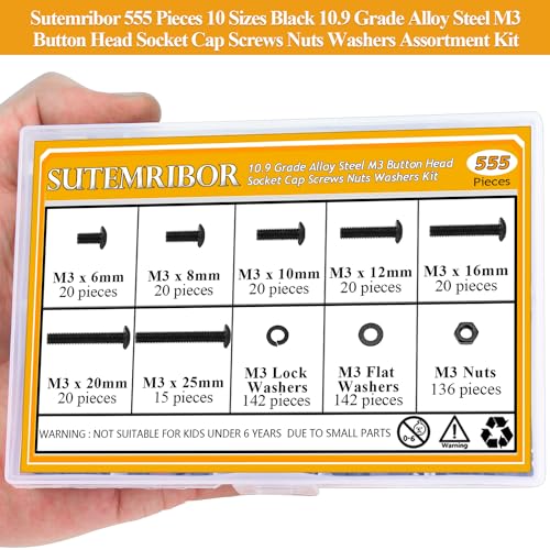 555 Pieces M3 Screws Nuts Washers Set Black, Sutemribor M3 x 6/8/10/12/16/20/25mm Button Head Socket Cap Screws Nuts Washers Assortment Kit, 10.9 Grade Alloy Steel, Fully Threaded - size: M3 x 6-25mm, style: Button Head