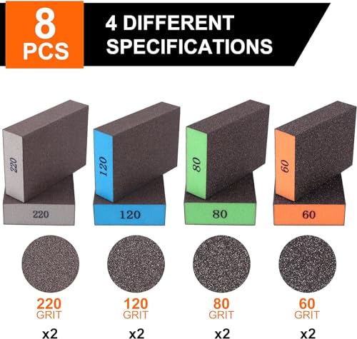 Romeda 8-Pack Sanding Sponge, Four Grits Per Pack 60/80/120/220, Washable and Reusable Handmade Sandpaper Block, Drywall Sandpaper Blocks for Wooden Drywall Sheetrock and Metal Glazing - color: 60/80/120/220 Grits, size: 8-Pack