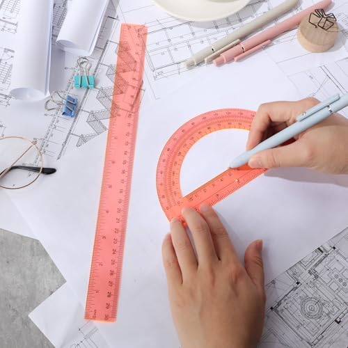 Zonon 2 Pcs 12 Inch Clear Ruler and 6 Inch Plastic Protractor Set, Orange - color: Orange
