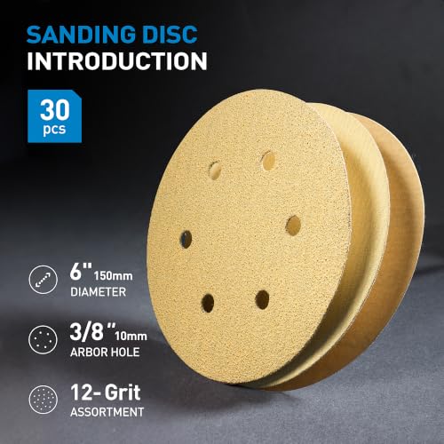 S SATC 30 PCS 6 Inch 6 Hole Sanding Disc Assorted 60 80 100 120 150 180 220 320 400 600 800 1000 Grit Hook and Loop Sand Paper for Random Orbital Sander - style: 6 Hole Yellow