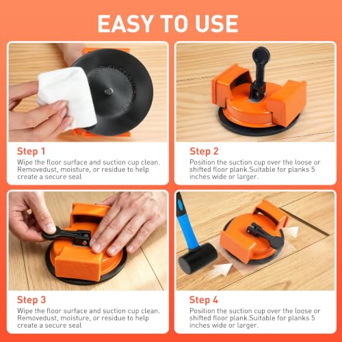 Floor Gap Fixer Tool, Heavy-Duty Plank Grabber for Laminate, LVP & Vinyl | Iron body with felt strike pads, locking suction cup and six washable adhesive pads