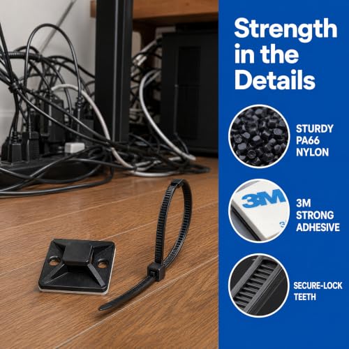 100PCS 3/4" Self Adhesive Black Cable Zip Tie Mounts