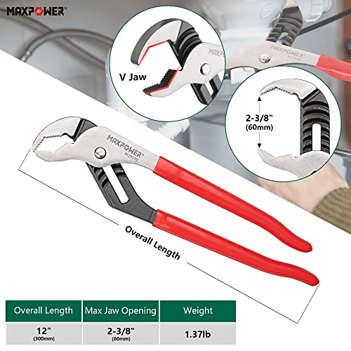 MAXPOWER Groove Joint Pliers Set, 8 inch and 12 inch Quick Adjustable Serrtated V Jaw Tongue and Groove Pliers - size: 8" 12"