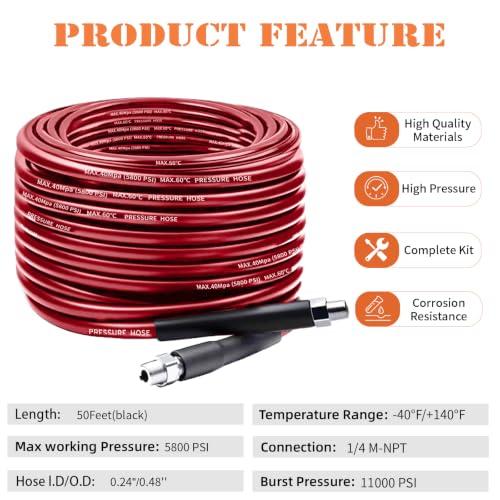 50FT Sewer Jetter Kit for Pressure Washer, 5800PSI Drain Cleaner Hose - color: Red-50FT hose