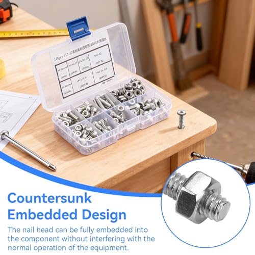 140PCS #10-32 Screws Assortment Kit, 5/16 1/4 5/8 3/8 3/4 1/2 Hex Socket Head Bolts, Nuts & Washers Assorted Set, Hex Socket Head Cap Screws Bolts Nuts Washer Kit, 304 Stainless Steel