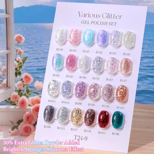 Double Rhythm 28Pcs 0.5Oz Glitter Gel Nail Polish Set Same Color Same Bottle Kit Nail Art Manicure Salon DIY at Home (Sparkle Pearl Shimmer Collection-T24-9) - color: Pearl Glitter Rose Gold