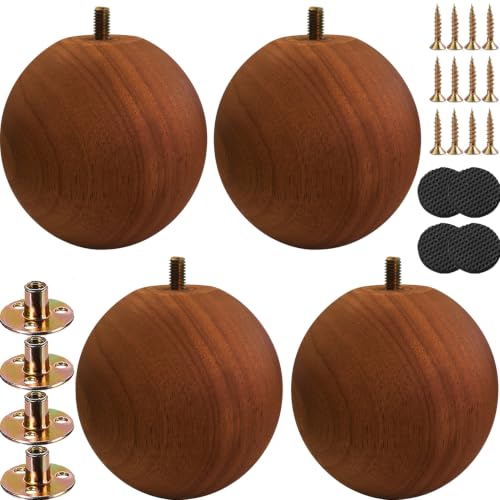Solid Wood Sofa Replacment Parts 4 Inch Round Ball Shape Furniture Legs for Sofa Couch Ottoman Loveseat Cabinet Legs Furniture Feet Set of 4 (Light Walnut) - color: Light Walnut