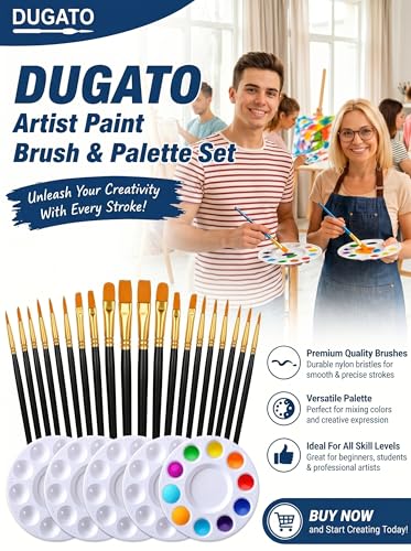 DUGATO Paint Brush & Palette Set, 20 Brushes with 5 Mixing Trays, Black - color: Black