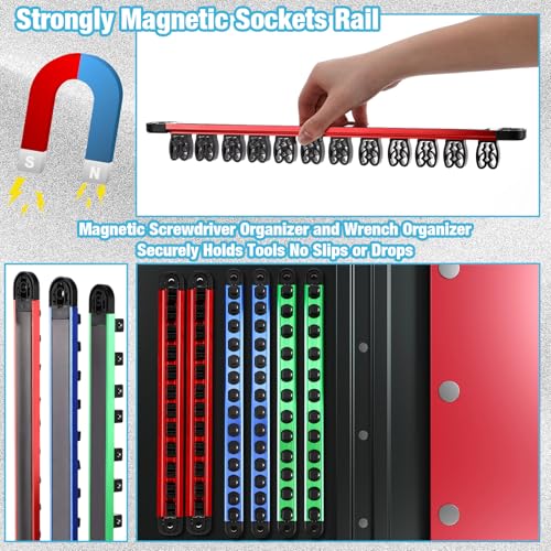 Ceenna 9 Set Magnetic Socket Organizer and Magnetic Screwdriver Organizer 6 Pcs 1/4", 3/8" & 1/2" Socket Rail Trays 3 Pcs Screwdriver and Wrench Holder Aluminum Alloy Tool Holder Red Blue Green