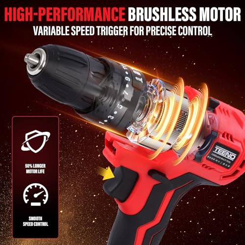 TEENO Brushless Power Tool Combo Kit, 6-in-1 Cordless Interchangeable Multi-Tool Set (Drill, Impact Wrench, Oscillating Tool, Reciprocating & Chain Saws, Sander), 3Ah Battery, USB Adapter & Hard Case - color: Red
