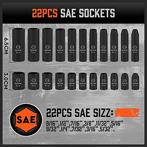 HORUSDY 56-Piece 1/4" Drive Impact Socket Set, Standard SAE (5/32 to 9/16 inch) and Metric (4-15mm) Size, 6 Point, Cr-V, 1/4-Inch Drive Ratchet Wrench, Drive Extension Bar, Impact Universal Joint - color: 56 Pcs Orange