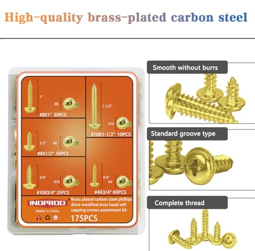 #4#8#10 Phillips Modified Truss Head Wood Screws Assortment Kit, Self Tapping Sheet Metal Screws for Wood, Brass Plated Carbon Steel, Golden, 175 Pieces (1/2", 3/4", 1", 1-1/2") - size: #4 #8 #10 Kit