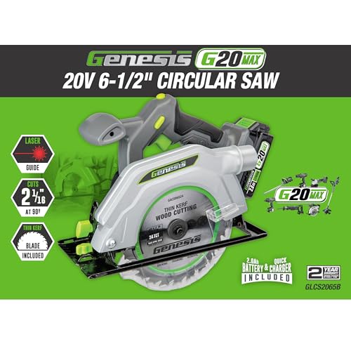 Genesis G20MAX 20V Circular Saw Cordless 6-1/2 inch with Laser & LED Light, Includes 24TCT thin-kerf blade, 2.0Ah Battery and Charger(GLCS2065B) - style: 20V 6-1/2 Cordless Circular Saw