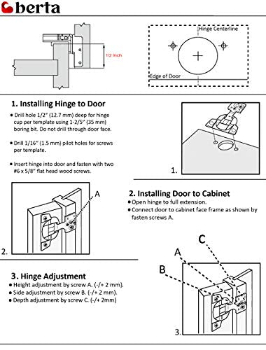 Berta (10 pcs) 1/2" Overlay Cabinet Door Hinges, 90 Degree Restricted Opening Angle Soft Closing Face Frame Hinges, 6-Ways 3-Cam Adjustment, Concealed Kitchen Cabinet Door Hinges with Screws - size: 1/2" Overlay