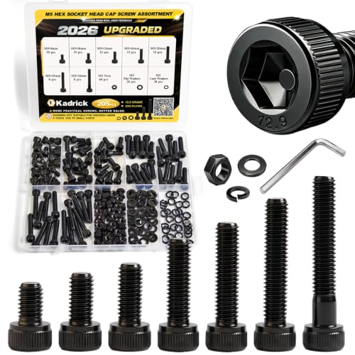 KADRICK 205PCS M5 Screws Kit,Class 12.9 Alloy Steel Hex Socket Head Cap - size: M5 205Pcs