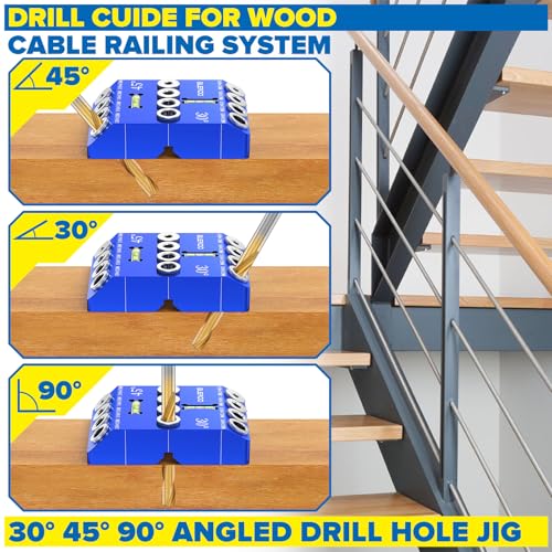 BLEKOO Angled Drill Guide Jig with Level, Drill Guide with 4 Bits for Wood Posts & Cable Railing Lag Screw Kit, Durable All Metal Drill Jig for Drilling 30°, 45°, 90° Degree Angle Holes (Blue-Level) - color: Blue-level