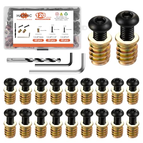 Hapric 120 Pcs 1/4-20 Threaded Inserts for Wood Kit, Wood Furniture Screw - size: 1/4-20 x 3/4"-120pcs