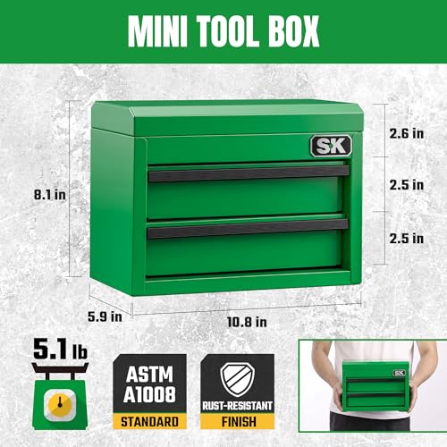 SK Mini Metal Tool Box with 2 Drawers, 10.8" Small Steel Toolbox Chest