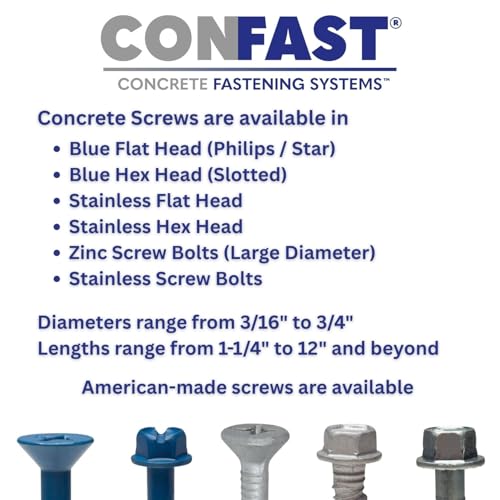 CONFAST 3/16" x 4" Hex Head Concrete Screw Anchor with Drill Bit for Anchoring to Masonry, Block or Brick (100 per Box) - size: 3/16" x 4"