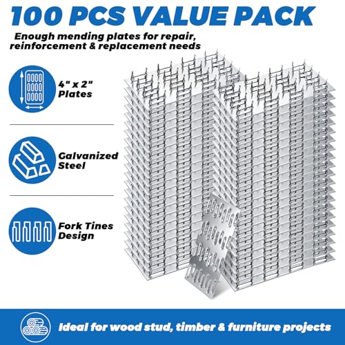 100 Pack Truss Plates Pronged Flat Mending Plate, 4 x 2 in, 9mm Teeth - size: 4 x 2 INCH