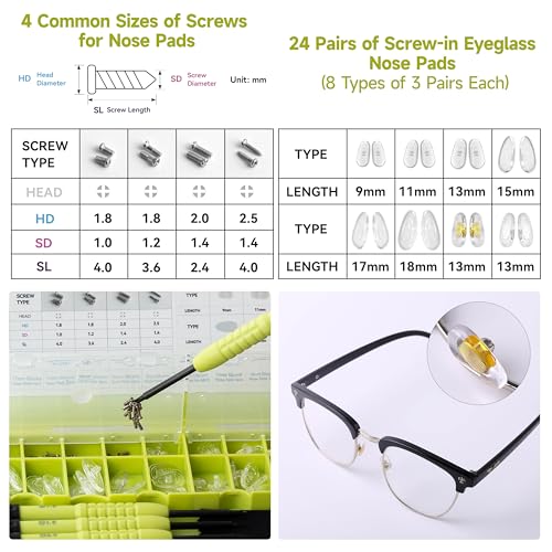 Eyeglass Nose Pads Replacement, 24 Pairs of Screw-in Glasses Nose Pads with Precision Screwdriver Set, Magnetic Eyeglass Repair Kit with Screws, Curved Tweezer for Travel, Birthday Gift, Christmas - color: Green