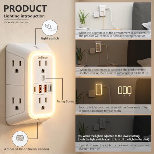 Wall Outlet Extender with Night Light, Power Plug Adapter Multi Plug Outlet Surge Protector with 4 USB Charging Ports (2 USB C), Adapter Spaced Outlets for Home Travel Office-ETL - color: White with Night Light